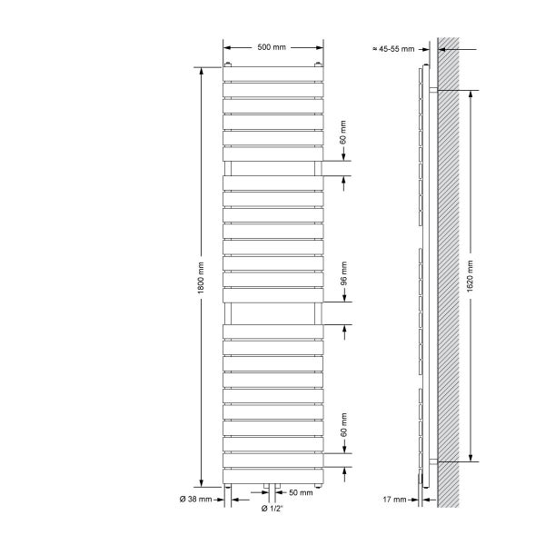 LuxeBath Badheizkörper Steam 500x1800 mm, Weiß, Mittelanschluss 50 mm, Einlagig, Flach, Vertikal, Design Heizkörper Handtuchwärmer Handtuchtrockner Handtuchheizkörper Paneelheizkörper Heizung