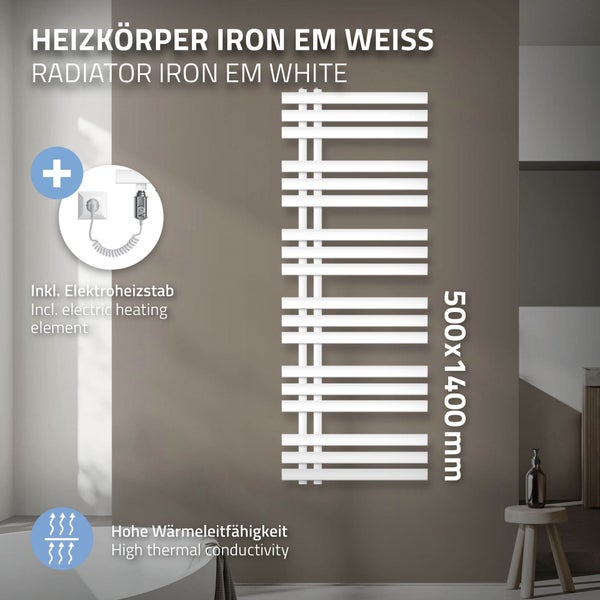 ECD Germany Iron EM Design Badheizkörper Elektrisch mit Heizstab 1200 W - 500 x 1400 mm - Weiß - Designheizkörper Paneelheizkörper Heizkörper Handtuchwärmer Handtuchtrockner