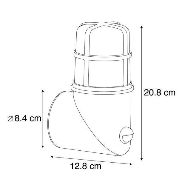 Technische Zeichnung einer Außenwandleuchte mit Bewegungsmelder, Höhe 20,8 Zentimeter, Tiefe 12,8 Zentimeter, Durchmesser 8,4 Zentimeter.