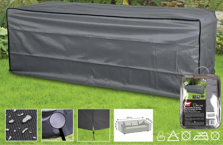 Schutzhülle für Gartenlounge mit Maßen von 220 x 80 x 80 Zentimeter aus strapazierfähigem Material zur Abdeckung von Gartenmöbeln.