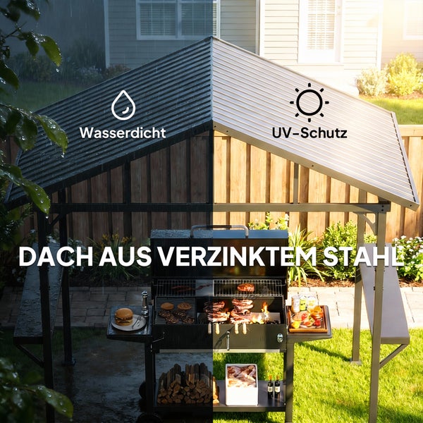 Schwarze Grill-Seitenablage mit Tellern voller Grillgut und fünf an Haken hängenden Grillwerkzeugen aus Edelstahl.