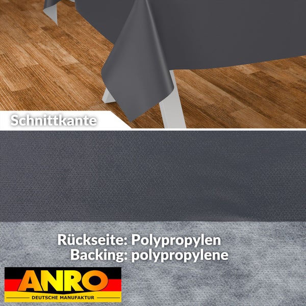 Wachstuch-Tischdecke mit Schnittkante, Materialoberfläche und Polypropylen-Rückseite, ANRO Logo.