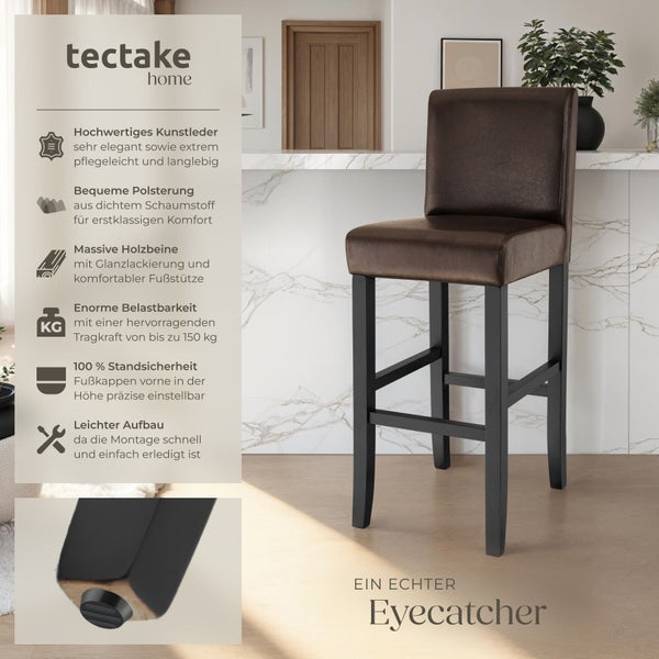 tectake home Logo. Barhocker aus Kunstleder mit Schaumstoffpolsterung, massiven Holzbeinen, Fußstütze und verstellbaren Fußkappen.