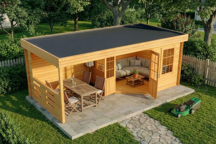 Modernes Gartenhaus aus Holz mit Flachdach, Terrasse mit Essbereich und verglastem Raum mit Sofa auf einer Steinplatte in einem sonnigen Garten.