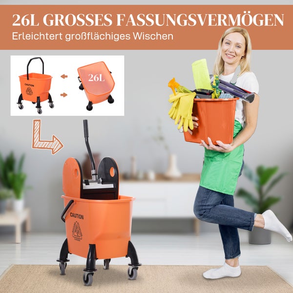 HOMCOM Putzwagen Reinigungswagen mit Wringer 26 Liter Putzeimer Fahreimer Wischwagen, Haken für Mopp Haushaltswagen mit 4 Rollen Orange