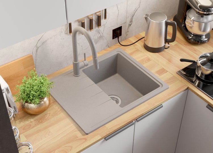 PRIMAGRAN Spülbecken Grau 62x50cm, Granitspüle 1 Becken + Ablauf-Set, Küchenspüle ab 40er Unterschrank - Mailand