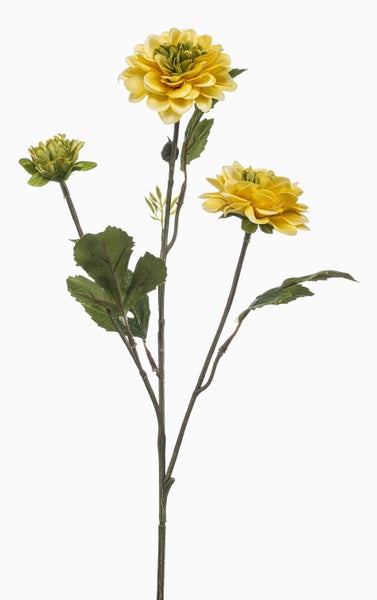 Künstliche Ranunkel mit zwei gelben Blüten, einer Knospe und grünen Blättern am Stiel.