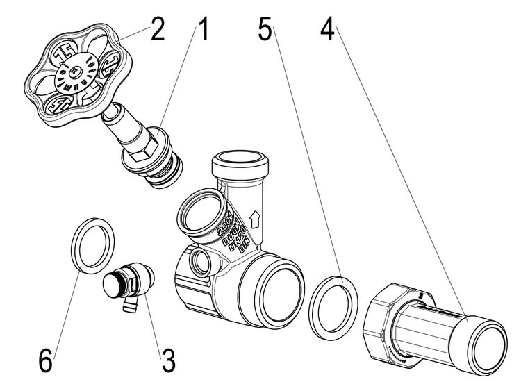 Explosionszeichnung eines Freistromventils mit Handrad, Ventilgehäuse, Dichtungsringen und Entleerventil.