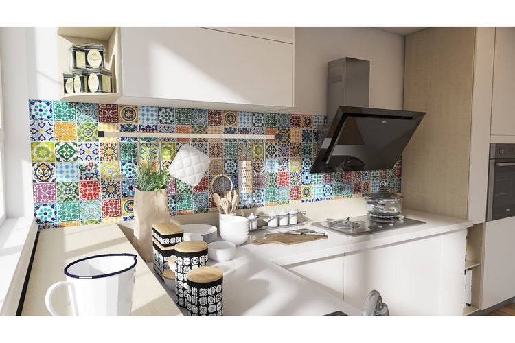 Moderne Küche mit Fliesenspiegel im Patchwork Design