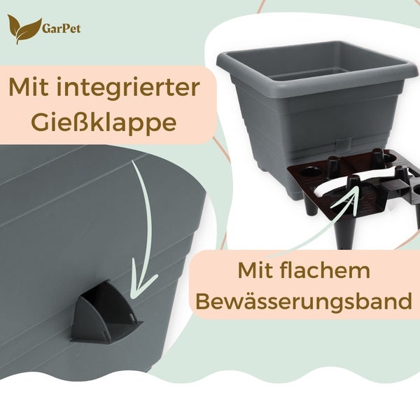 Grauer Pflanzkasten mit integrierter Gießklappe und Bewässerungsband