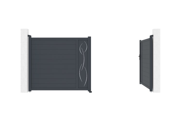 Anthrazitfarbenes Einfahrtstor und Gartentür aus Aluminium mit horizontalen Lamellen und dekorativem Wellenmuster.