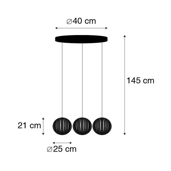 Skizze einer Hängeleuchte mit drei Lampenschirmen und Größenangaben