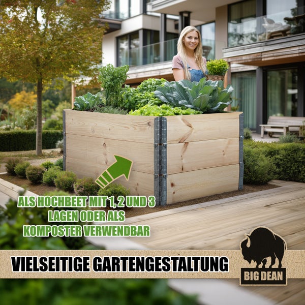 Hochbeet aus Holz mit Bepflanzung im Garten mit Frau und Haus im Hintergrund