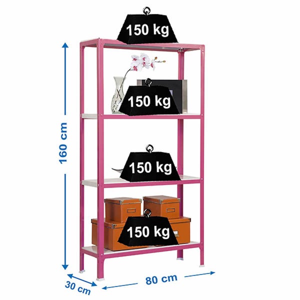 PROREGAL Wohnregal Living Koala Metal mit 4 Fachböden HxBxT 160 x 80 x 30 cm Fachlast 150 kg Rosa/Weiß