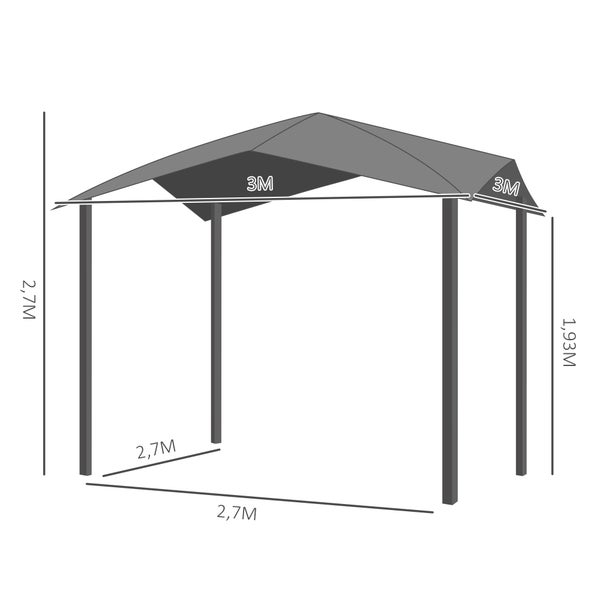 Abbildung eines Pavillons mit den Maßen 3 Meter mal 3 Meter und einer Höhe von 2,7 Metern.