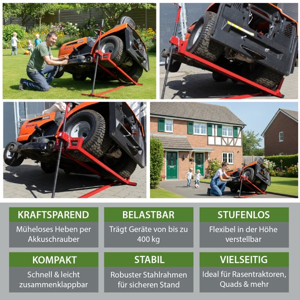 Mehrere Ansichten eines Rasentraktor Hebers mit rotem Stahlrahmen und Personen, die ihn benutzen.