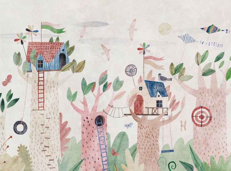Illustrative Kindertapete mit Waldszene, Baumhäusern, Leitern, Schaukeln und Drachen im Aquarellstil.