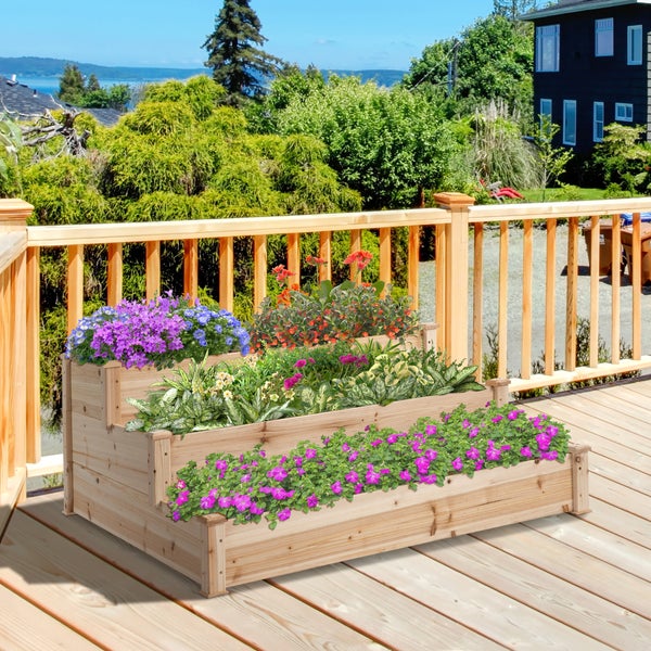 Outsunny Hochbeet 3-stufige Gartenbeet Pflanzenbeet  Kräuterbeet Blumentreppe für Balkon Garten Natur Tannenholz 124 x 124 x 56 cm
