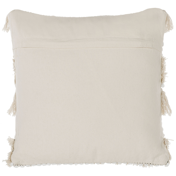 Quadratisches Zierkissen mit Quasten an den Seiten für Wohnzimmer oder Schlafzimmer.