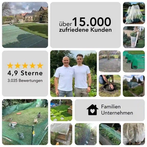 Collage mit Gartenprodukten, Kundenbewertungen und Inhaberporträt für ein Familienunternehmen im Gartenbedarf.