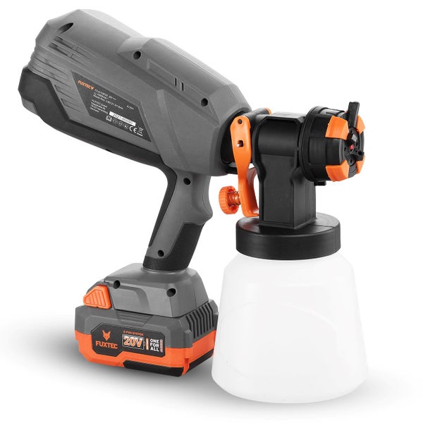 Fuxtec Akku-Farbsprühpistole 20 Volt mit Farbbehälter und austauschbarem Akku.