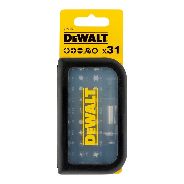 DeWALT Bit-Set 31-teilig mit Phillips, Pozidriv, Schlitz, Torx und Sechskant-Bits sowie magnetischem Bithalter in einer kompakten Box. DeWALT Logo.
