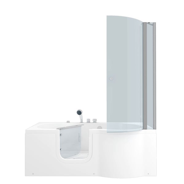 Barrierefreie Badewanne mit Einstiegstür, gebogener Duschabtrennung aus Glas und Handbrause.