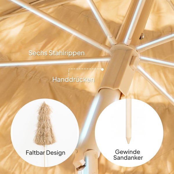Sonnenschirm mit sechs Stahlrippen, Handdruck-Mechanismus, faltbarem Design und Gewinde-Sandanker.