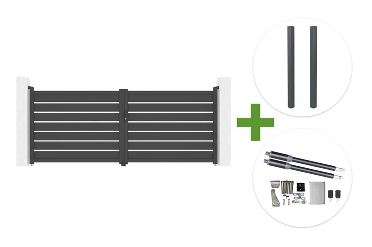 Set aus zweiflügeligem Hoftor mit horizontalen Lamellen, zwei Pfosten und elektrischem Drehtorantrieb inklusive Zubehör.
