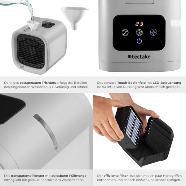 Vierteilige Collage eines Luftkühlers: Befüllen per Trichter, Touch-Bedienfeld mit tectake Logo, Wasserstandsanzeige und herausnehmbarer Filter.