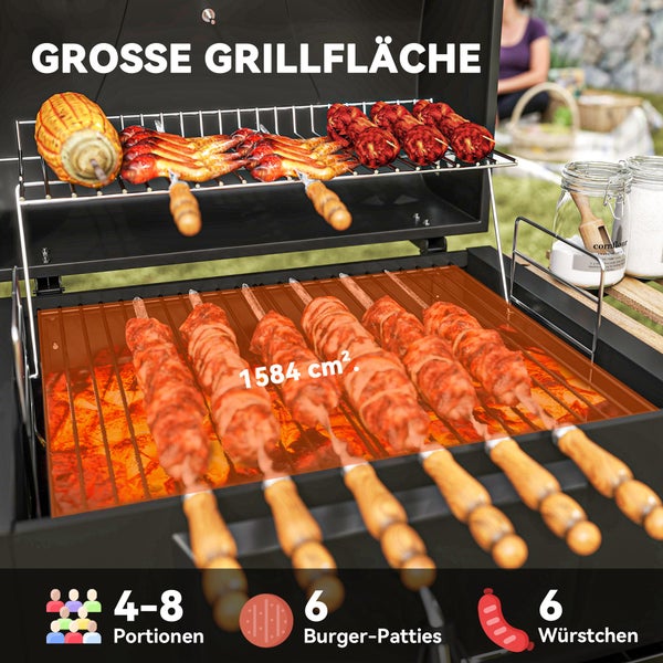 Outsunny Holzkohlegrill aus Edelstahl fahrbar Grillwagen mit Deckel Thermometer Grillrost Räder Griff verstellbar Kohlewanne, Kohlegrillwagen mit Holzablage BBQ Smoker für Camping Garten 112x58x107cm