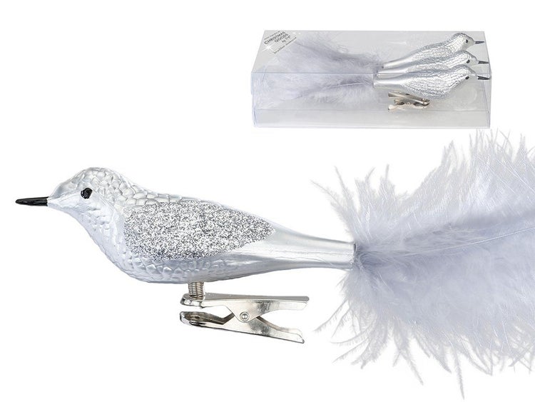 Drei glitzernde Vogel Weihnachtsbaum Anhänger mit Clip aus Glas und Federn in einer Verpackung