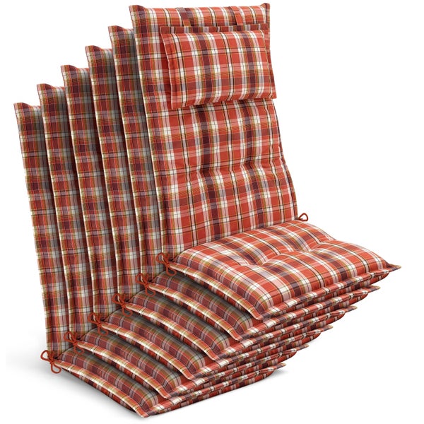 Set aus sechs rot-weiß karierten Hochlehner-Auflagen für Gartenstühle mit integriertem Kopfpolster und Bindekordeln.