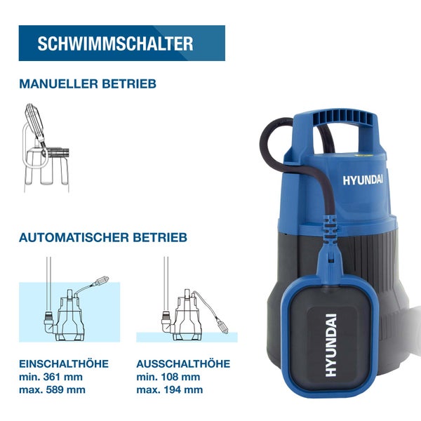 Hyundai Tauchpumpe mit Schwimmschalter. Zeigt manuellen und automatischen Betrieb sowie Ein- und Ausschalthöhen in Millimeter.