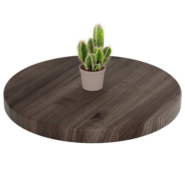 Rundes Tischblatt aus dunklem Holz mit sichtbarer Maserung und einem kleinen Kaktus im Topf in der Mitte.