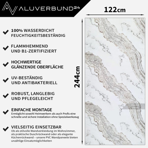 Aluverbund24 Logo. Paneel mit den Maßen 122 mal 244 Zentimeter. Das Produkt ist wasserdicht, feuchtigkeitsbeständig, schwer entflammbar und B1-zertifiziert. Es hat eine hochwertige glänzende Oberfläche und ist UV-beständig und antibakteriell. Das Paneel ist robust, langlebig, pflegeleicht und einfach zu montieren.