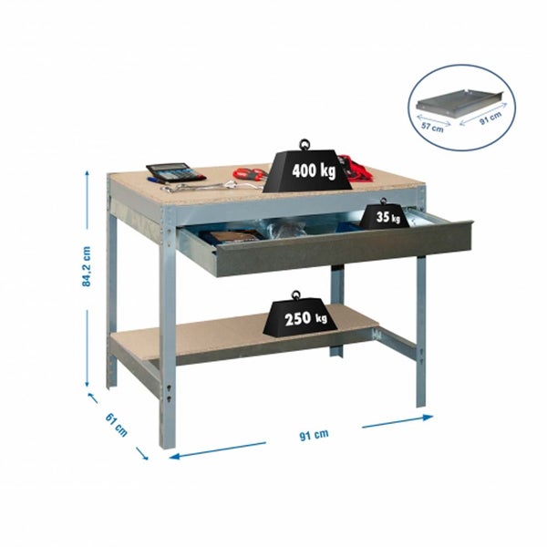 Werkbank aus Metall mit Holzplatten, Schublade und Fachboden. Traglast: oben 400 Kilogramm, unten 250 Kilogramm. Maße: 91 mal 61 mal 84,2 Zentimeter.