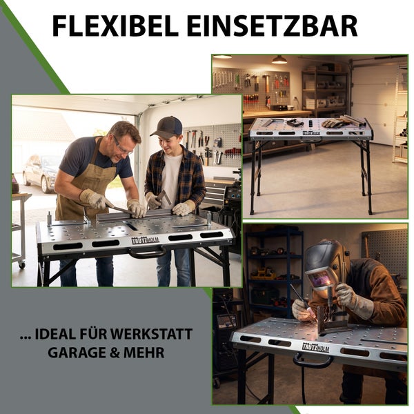 Trutzholm Schweißtisch und Werkbank für Werkstatt und Garage in verschiedenen Anwendungsszenarien mit Handwerker und Kind beim Arbeiten.