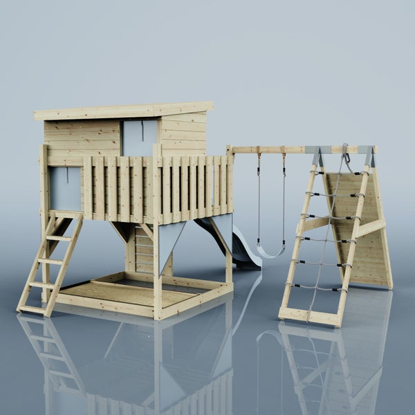 Spielturm aus Holz für den Garten mit Spielhaus, Rutsche, Schaukel, Kletterwand und Kletternetz.