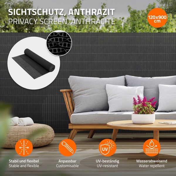 ECD Germany PVC Sichtschutzmatte 120x900 cm (1x4m + 1x5m) Anthrazit, Sichtschutzzaun 3-Gewicht-Verstärkung, UV-beständig, Windschutz Balkonverkleidung Zaunblende Sichtschutz für Garten Balkon Terrasse