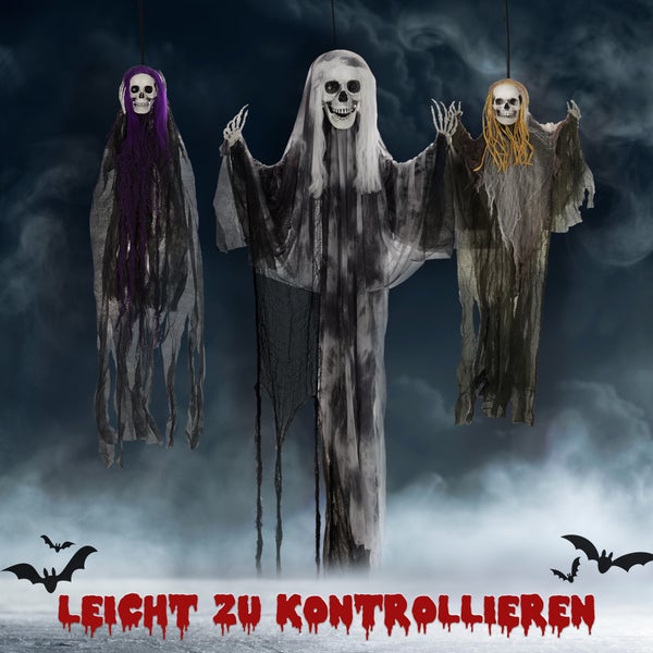 HOMCOM 3er-Set Halloween Dekoration 90/110/200cm Hängendes Skelett mit verstellbare Arme, Haustür Deko, Spukhaus-Requisite in Lebensgröße, für Hof Rasen, Garten, Party