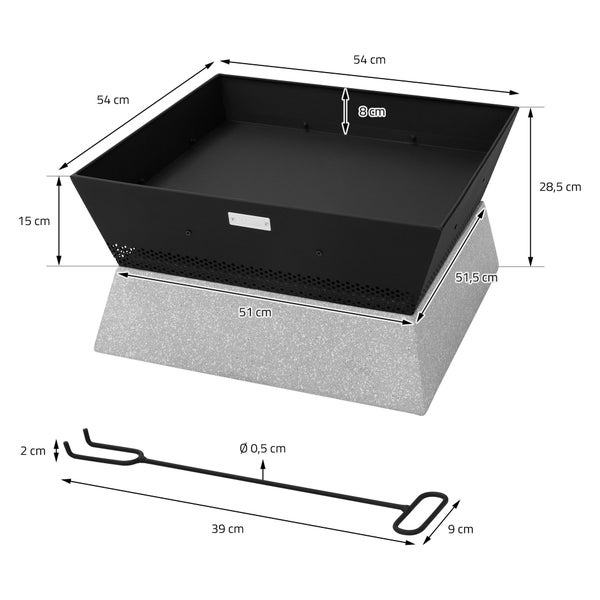 ML-Design Feuerschale mit Keramiksockel, 54x28,5x54 cm, Schwarz-Beige, Quadratischer Feuerstelle aus Stahl, abnehmbare Schale, Feuerkorb mit Schürhaken, Feuertonne Outdoor für Garten Camping Terrasse