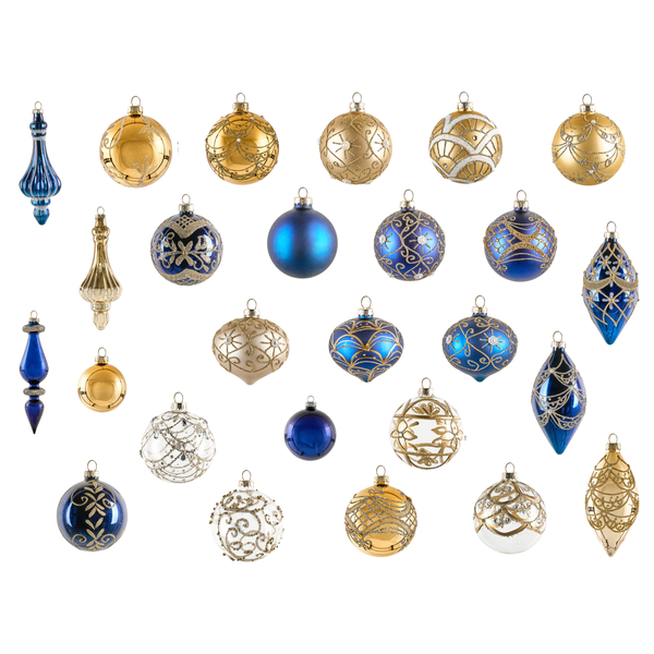 Set aus gläsernen Weihnachtsbaumkugeln und Anhängern in verschiedenen Formen, gestaltet in Blau und Gold mit Glitzermustern.