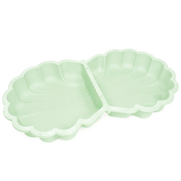 Zweiteiliger grüner Sandkasten und Planschbecken in Muschelform aus Kunststoff.