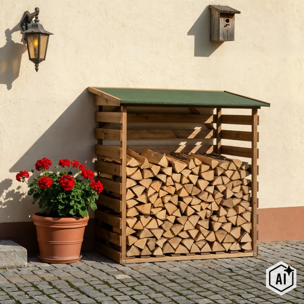 Holzunterstand aus Holz mit Pultdach gefüllt mit Brennholz an einer Hauswand mit Blumenkübel und Außenleuchte.