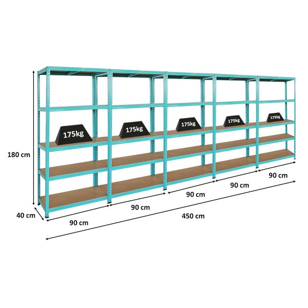 BERLINLODGE Mega Deal 5x Wohnregal GREEN HULK, HxBxT 180x90x40cm, Fachlast 175kg, 5 Ebenen, Grün, Bücherregal, Standregal, Büroregal