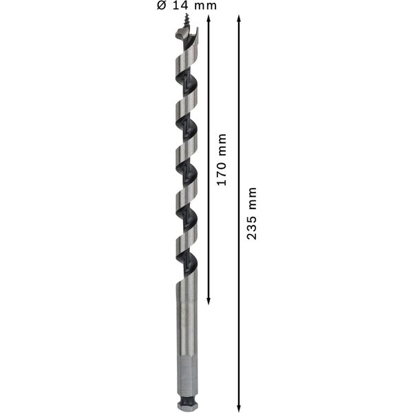 Holzbohrer mit einem Durchmesser von 14 mm und einer Länge von 235 mm.