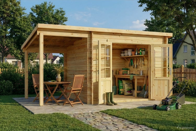 Holzgartenhaus mit integriertem Schleppdach als überdachter Sitzplatz und offener Werkstatt mit Regalen und Gartengeräten im Garten.