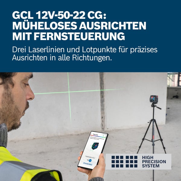 Bosch GCL 12V-50-22 CG Linienlaser mit drei Laserlinien, Lotpunkten und Fernbedienung im Einsatz auf der Baustelle.