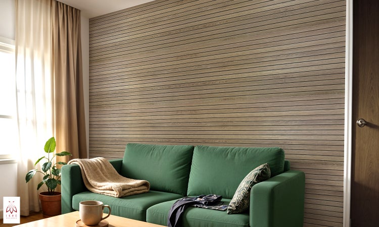 Wohnzimmer mit Holzpaneelwand, Sofa und Zimmerpflanze